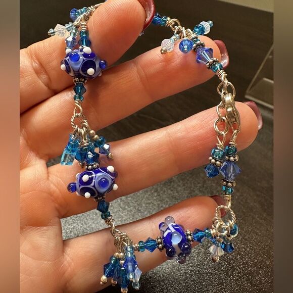 Vintage blue hand-blown glass and sterling silver bracelet, pendant bundle! - Picture 2 of 16